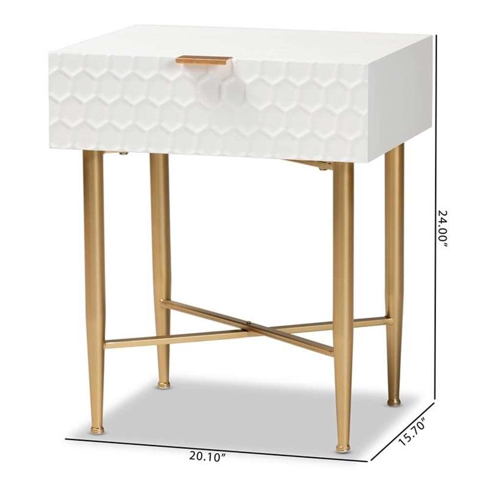 Baxton Studio Marcin Contemporary Glam and Luxe White Finished Wood and Gold Metal 1-Drawer Nightstand